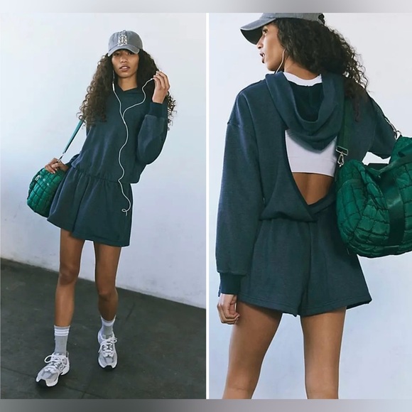 New! Free People Movement Such A Flirt Hooded Short Romper in Midnight Navy💙 XL - Picture 1 of 11